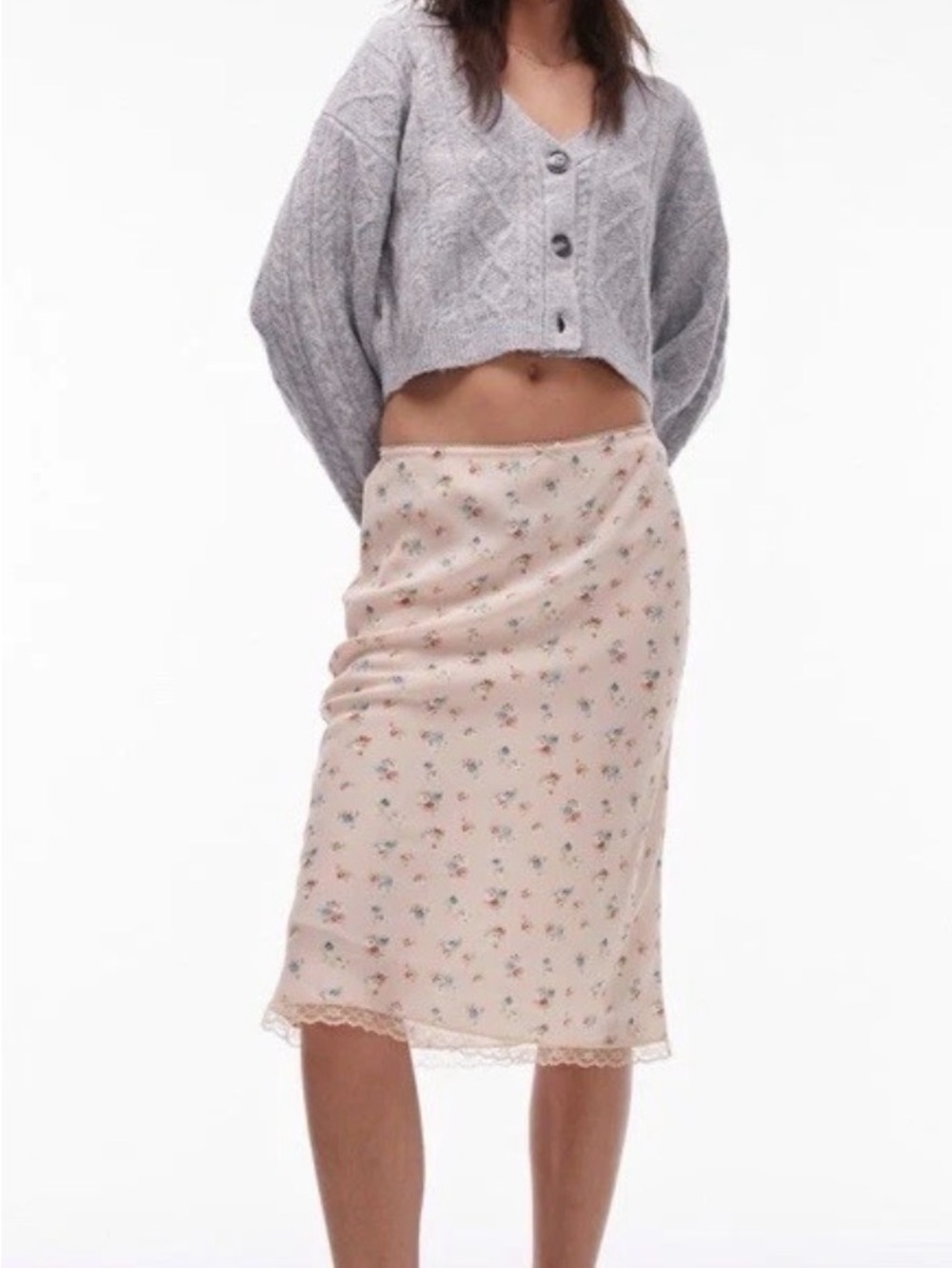 Topshop Floral Midi Skirt Cream Lace Trim Slip Skirt Size 8